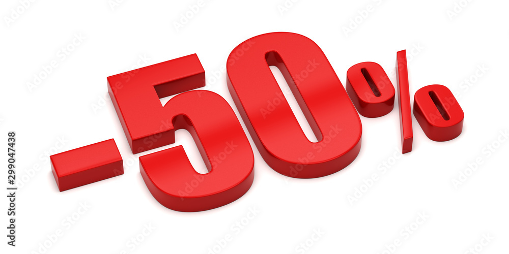 3d render illustration. Red fifty percent on a white background. 3d render illustration. Red fifty percent on a white background.