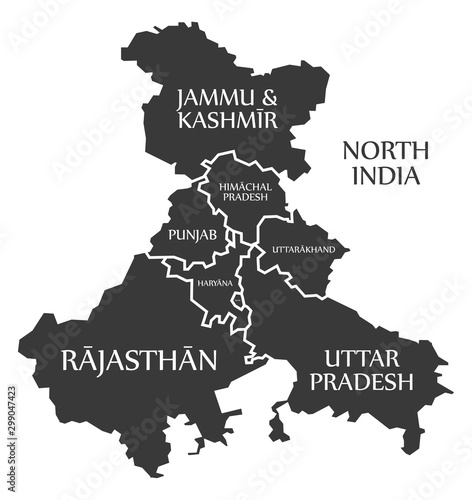 North India region map labelled black illustration