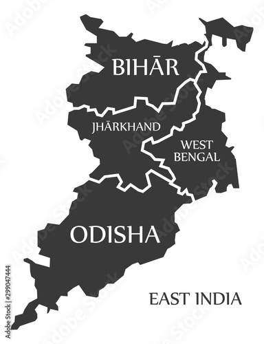 East India region map labelled black illustration