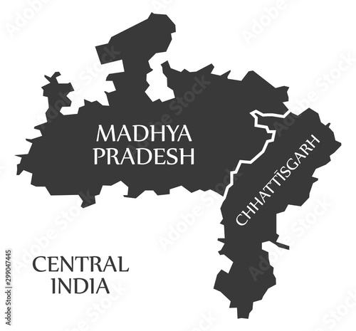 Central India region map labelled black illustration