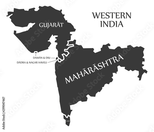 Western India region map labelled black illustration