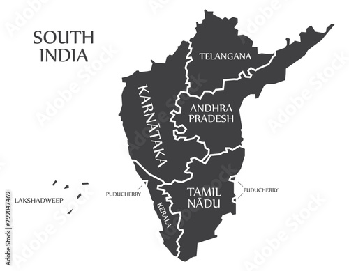 South India region map labelled black illustration