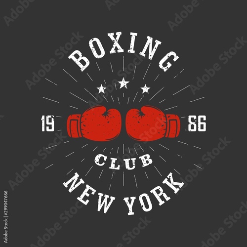 Color illustration in grunge textured boxing gloves and text with rays. Vector illustration on a sports theme. Boxing club logo.