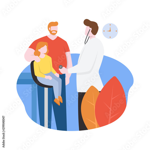 Doctor Checks Health of Little Girl Pediatric Patient Flat Design Illustration