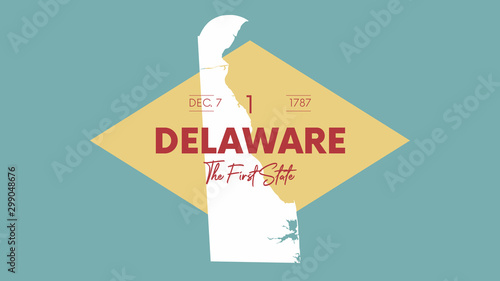 1 of 50 states of the United States with a name, nickname, and date admitted to the Union, Detailed Vector Delaware Map for printing posters, postcards and t-shirts