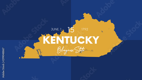 15 of 50 states of the United States with a name, nickname, and date admitted to the Union, Detailed Vector Kentucky Map for printing posters, postcards and t-shirts photo