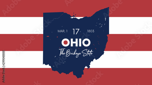 17 of 50 states of the United States with a name, nickname, and date admitted to the Union, Detailed Vector Ohio Map for printing posters, postcards and t-shirts