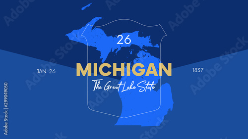 26 of 50 states of the United States with a name, nickname, and date admitted to the Union, Detailed Vector Michigan Map for printing posters, postcards and t-shirts photo