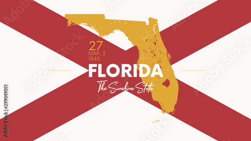 27 of 50 states of the United States with a name, nickname, and date admitted to the Union, Detailed Vector Florida Map for printing posters, postcards and t-shirts