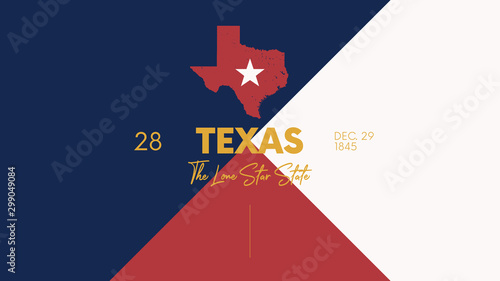 28 of 50 states of the United States with a name, nickname, and date admitted to the Union, Detailed Vector Texas Map for printing posters, postcards and t-shirts