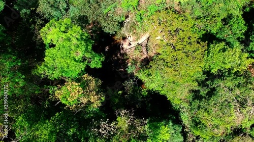 Wallpaper Mural Aerial drone footage descending into a clearing in a forest with showing people from a distance playing in the water. Torontodigital.ca