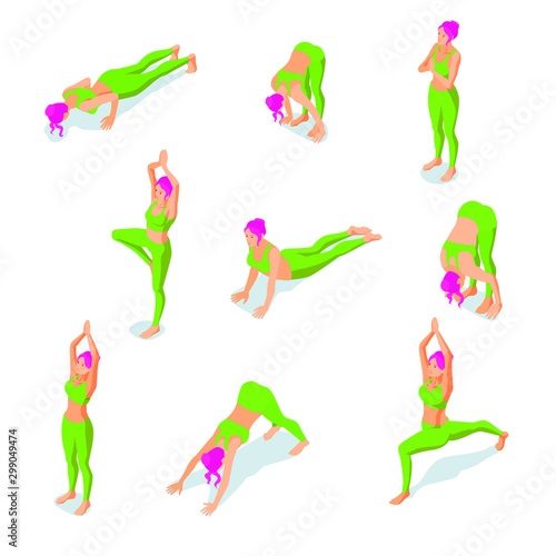 Isometric yoga poses vector illustration of a girl in neon colors