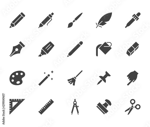 Drawing tools flat glyph icons set. Pen, pencil, paintbrush, dropper, stamp, smudge, paint bucket, vector illustrations. Black minimal signs for web interface. Silhouette pictogram pixel perfect 64x64
