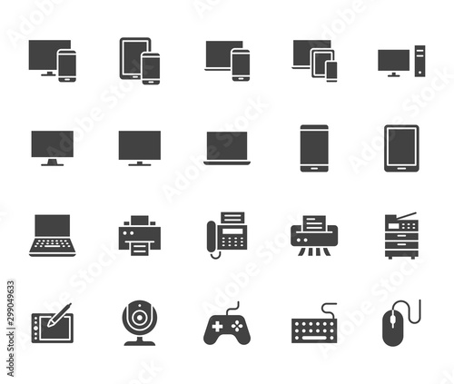 Devices flat glyph icons set. Pc, laptop, computer, smartphone, desktop, office copy machine vector illustrations. Black minimal signs for electronic store. Silhouette pictogram pixel perfect 64x64