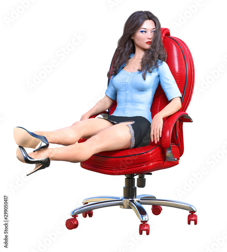 Long-haired brunette secretary in chair.