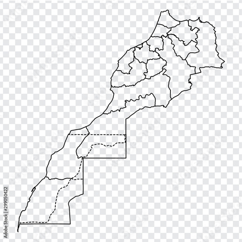 Blank map Kingdom of Morocco. High quality map of Morocco with provinces on transparent background for your web site design, logo, app, UI.  Africa. EPS10.