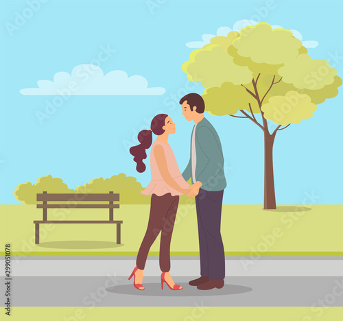 People dating in park, springtime with foliage of green trees and meadows, man and woman cuddling spending time together, loving boyfriend in autumn park. Vector illustration in flat cartoon style