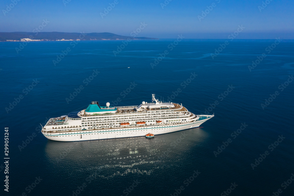 View of drone to passenger ship near to the Nessebar city, Bulgaria View of drone to passenger ship near to the Nessebar city, Bulgaria