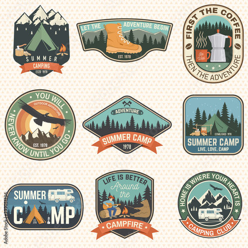 Set of Summer camp badges. Vector. Concept for shirt or print, stamp, patch or tee. Vintage typography design with rv trailer, camping tent, campfire, bear, man with guitar and forest silhouette