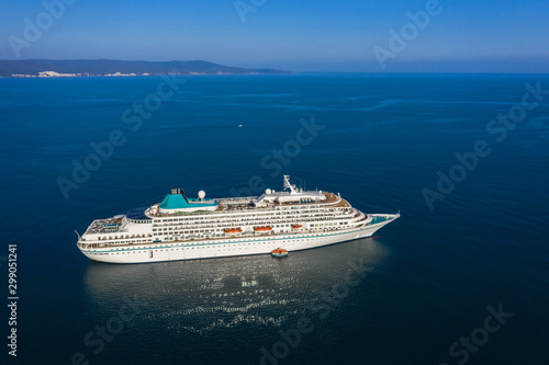 View of drone to passenger ship near to the Nessebar city  Bulgaria