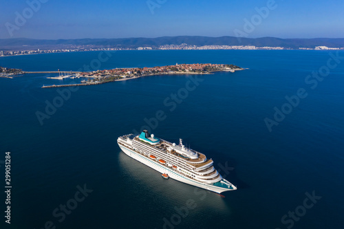 View of drone to passenger ship near to the Nessebar city, Bulgaria © niki spasov