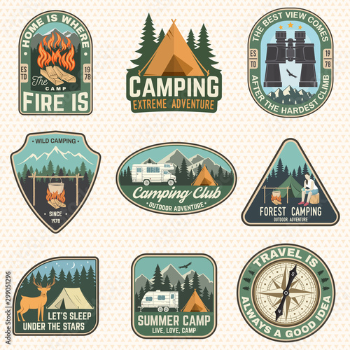 Set of Summer camp badges. Vector. Concept for shirt or logo, print, stamp, patch or tee. Design with compass, camping tent, binoculars, campfire, mountains and forest silhouette.