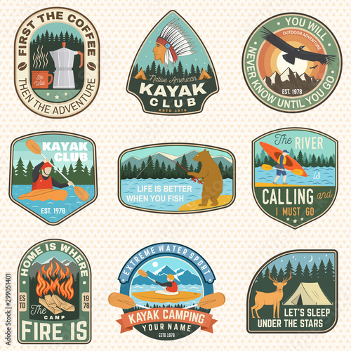 Set of Summer camp badges, patches. Vector. Concept for shirt or logo, print, stamp, patch or tee. Design with coffee, camping tent, campfire, bear, canoe or kayak and forest silhouette
