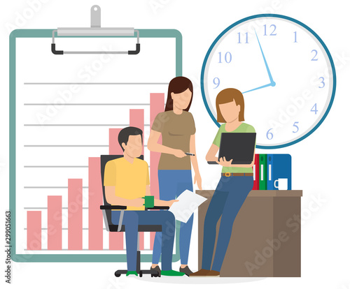 People working on project development, character gathered to discuss problems in company. Clipboard with charts and time clock deadline for workers. Vector illustration in flat cartoon style