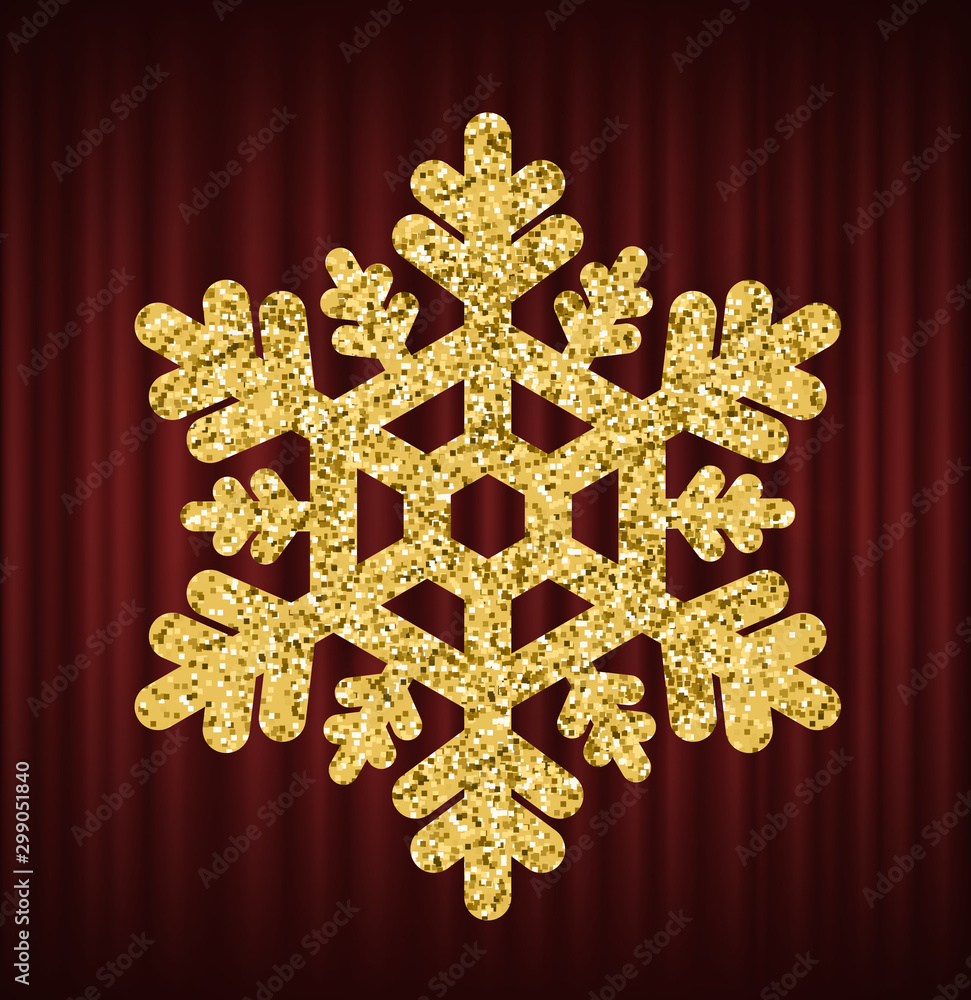 Shining snowflake made of gold vector, isolated luxurious decor element. Merry christmas icon, decorative object on red curtain. Ornament of flake. Red curtain theater background Shining snowflake made of gold vector, isolated luxurious decor element. Merry christmas icon, decorative object on red curtain. Ornament of flake. Red curtain theater background