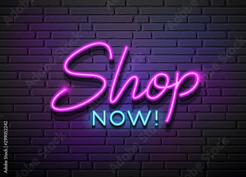 Shop Now Neon Light vector collections design on block wall black background, illustration