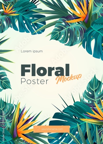 Bright tropical background with jungle plants. Exotic pattern with tropical leaves