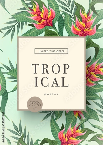Bright tropical background with jungle plants. Exotic pattern with tropical leaves