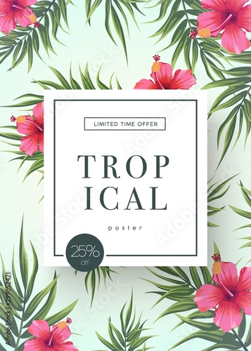Bright tropical background with jungle plants. Exotic pattern with tropical leaves