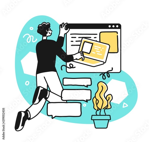 Designing Developing and programming technologies. Programmer or designer working on laptop in a company office.