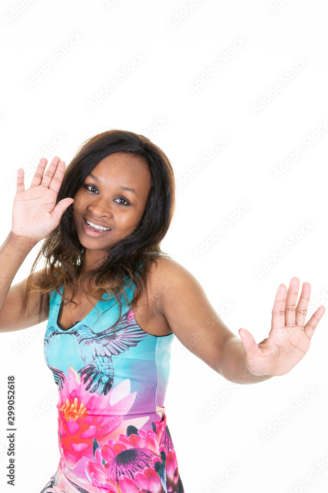 young woman making a halt gesture raising hands and showing palms in warning sign young woman making a halt gesture raising hands and showing palms in warning sign
