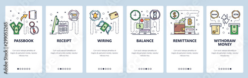 Mobile app onboarding screens. Digital currency wallet, money transfer. passbook, ATM withdraw, wire transfer. Vector banner template for website and mobile development. Web site flat illustration