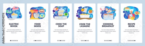 Mobile app onboarding screens. Cooking breakfast meal, food mixer, stove, recipe book, cook soup. Menu vector banner template for website and mobile development. Web site design flat illustration