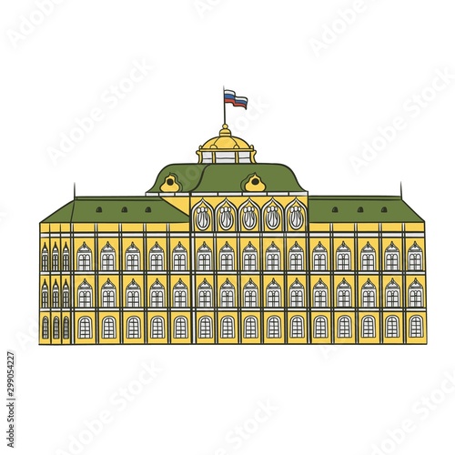 Grand Kremlin Palace in Moscow official residence President of Russia. Historical attraction architectural monument vector flat illustration.