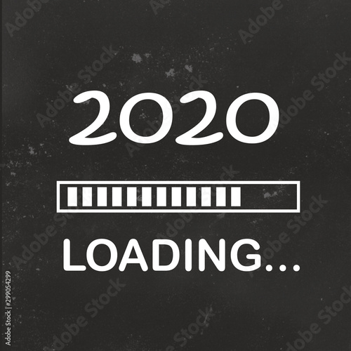 Happy new year 2020 with loading icon neon style. Progress bar almost reaching new year's eve on dark gray black background