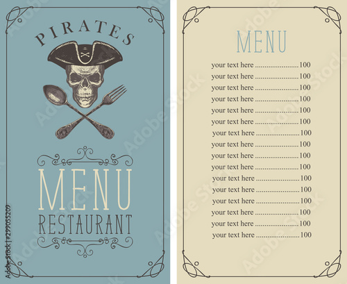 Vector menu for fresh seafood with hand-drawn human skull in pirate hat and crossed fork and spoon. Template of pirate menu with price list in frame with curls in retro style