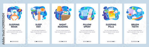 Mobile app onboarding screens. Sleeping mask, night table with a book, pillow, sleeping pills. Menu vector banner template for website and mobile development. Web site design flat illustration