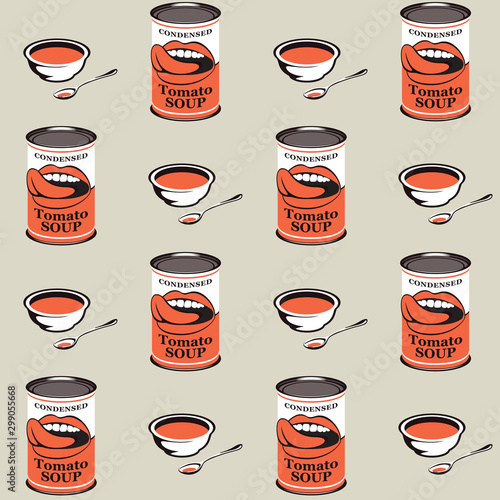 Vector seamless pattern with tin cans and bowls of condensed tomato soup on light background. Repeatable flat illustrations for healthy menus, kitchen textiles, tableware decor, food blog background.
