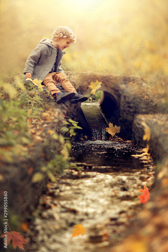 small boy sitting at the river alone in the atumn park small boy sitting at the river alone in the atumn park