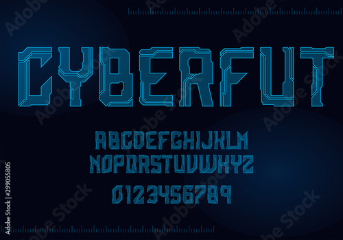 Tech hologram alphabet font in sci fi style. Typography modern space cyber font set for logo, poster, games, interface and movie. Vector Illustration. EPS 10