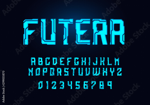 Tech hologram alphabet font in sci fi style. Typography modern space cyber font set for logo, poster, games, interface and movie. Vector Illustration. EPS 10