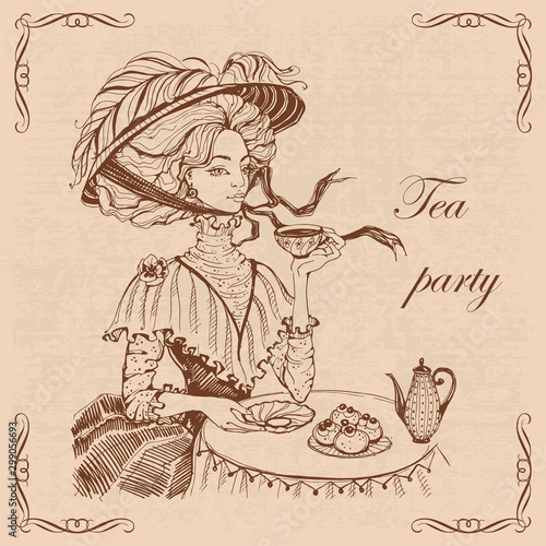 Beautiful vintage lady. Tea party. Girl in a hat drinking tea. Engraving. Graphics. Brown. Vector