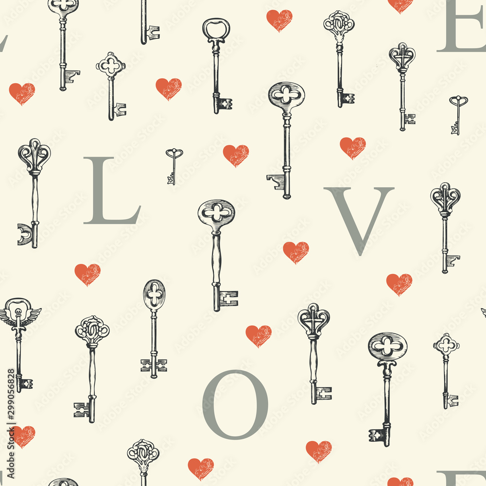 Vector seamless pattern on the theme of love with vintage keys, red hearts and initial letters in retro style. Abstract background with hand-drawn illustrations. Wallpaper, wrapping paper, fabric. Vector seamless pattern on the theme of love with vintage keys, red hearts and initial letters in retro style. Abstract background with hand-drawn illustrations. Wallpaper, wrapping paper, fabric.