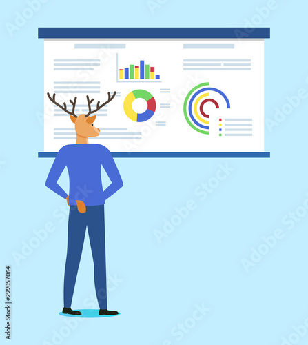 Hipster animal, deer brainstorming looking at whiteboard with info presented in visual form, businessman wearing suit deep in his thoughts. Vector illustration in flat cartoon style