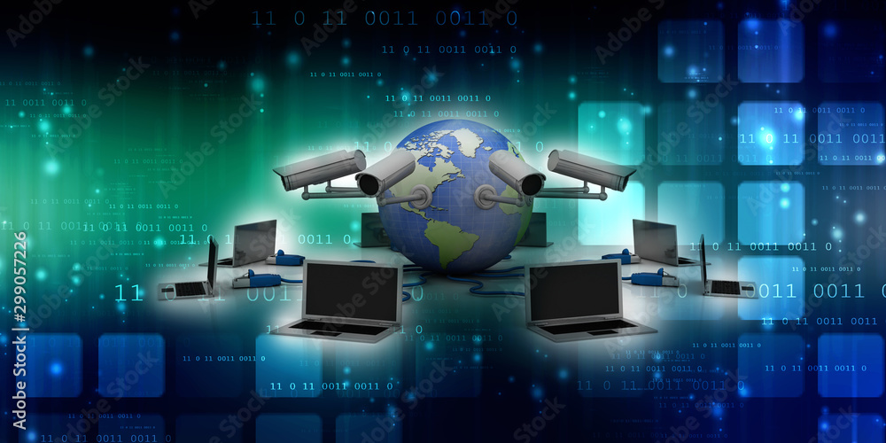 3d rendering Computer network with cctv camera 3d rendering Computer network with cctv camera