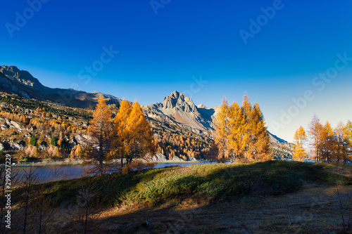 Wonderful autumn landscape in the Engadine valley near Sankt Moritz. Swiss Alps